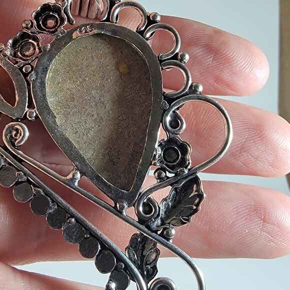 Handmade Silver Pendant – Fossil Coral & Citrine Accents + 20" Silver Chain - Picture 4 of 10